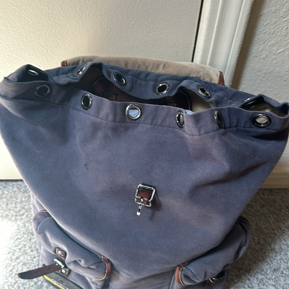 Polo Ralph Lauren RL Co Blue Canvas Brown Leather Backpack with Patches AS IS - Picture 11 of 16